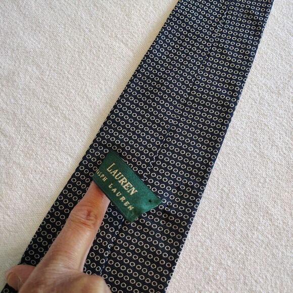 Ralph Lauren POLO Men's Neck Tie 100% SILK Navy Tan Circles Minimalist Office - Picture 4 of 7